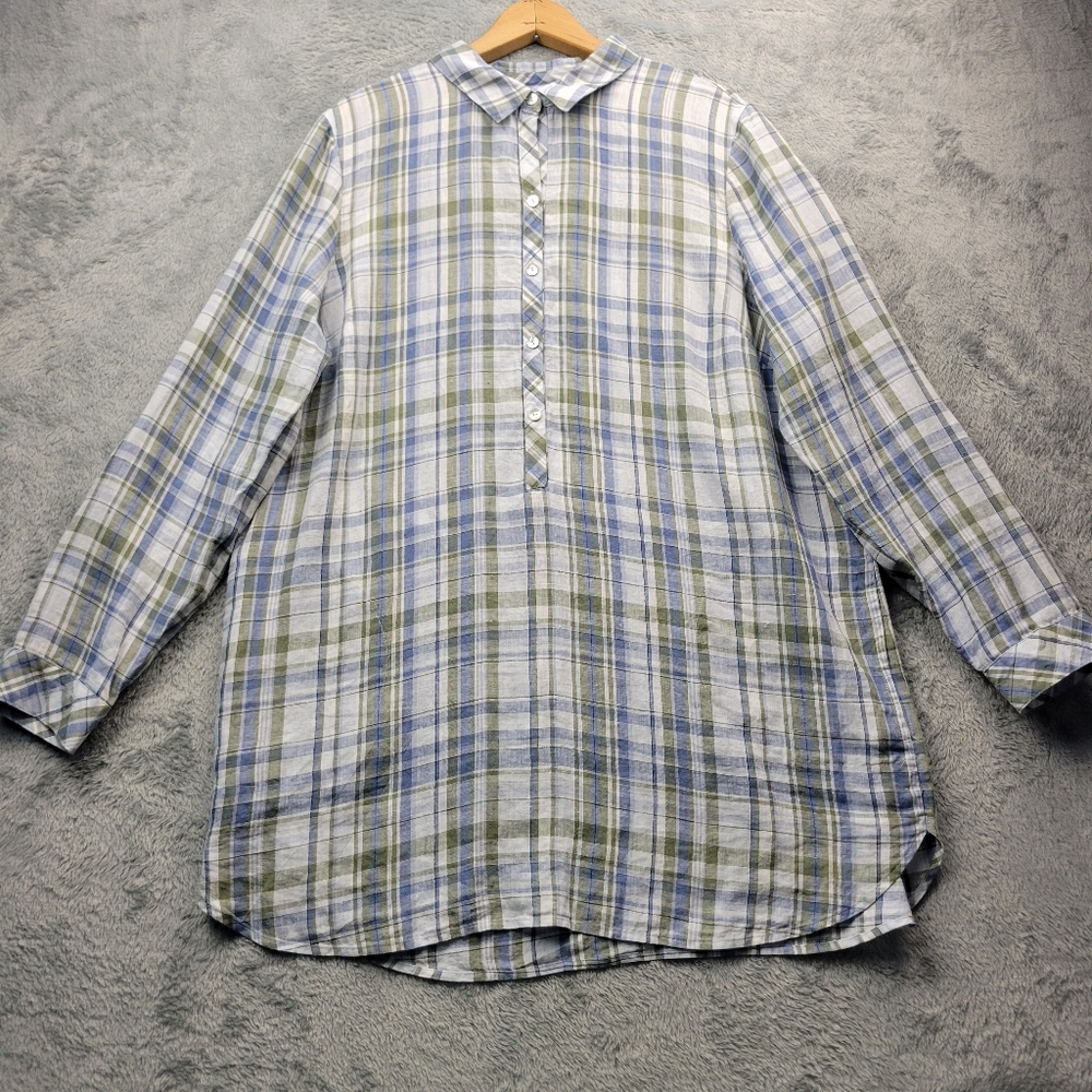 J Jill Love Linen Tunic Size Large Plaid Pockets Roll-Tab Sleeve